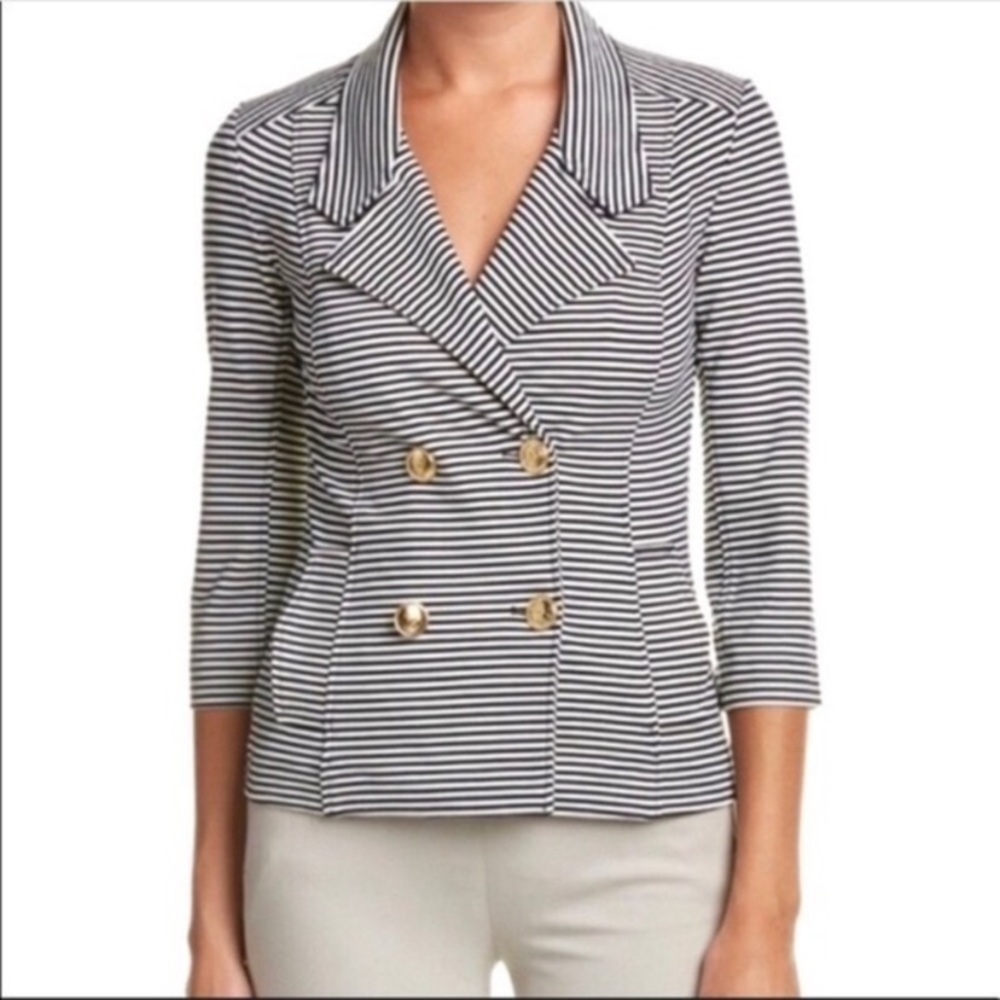 CAbi Striped Navy White Double-Breasted Blazer w/ Nautical Brass Buttons, Medium